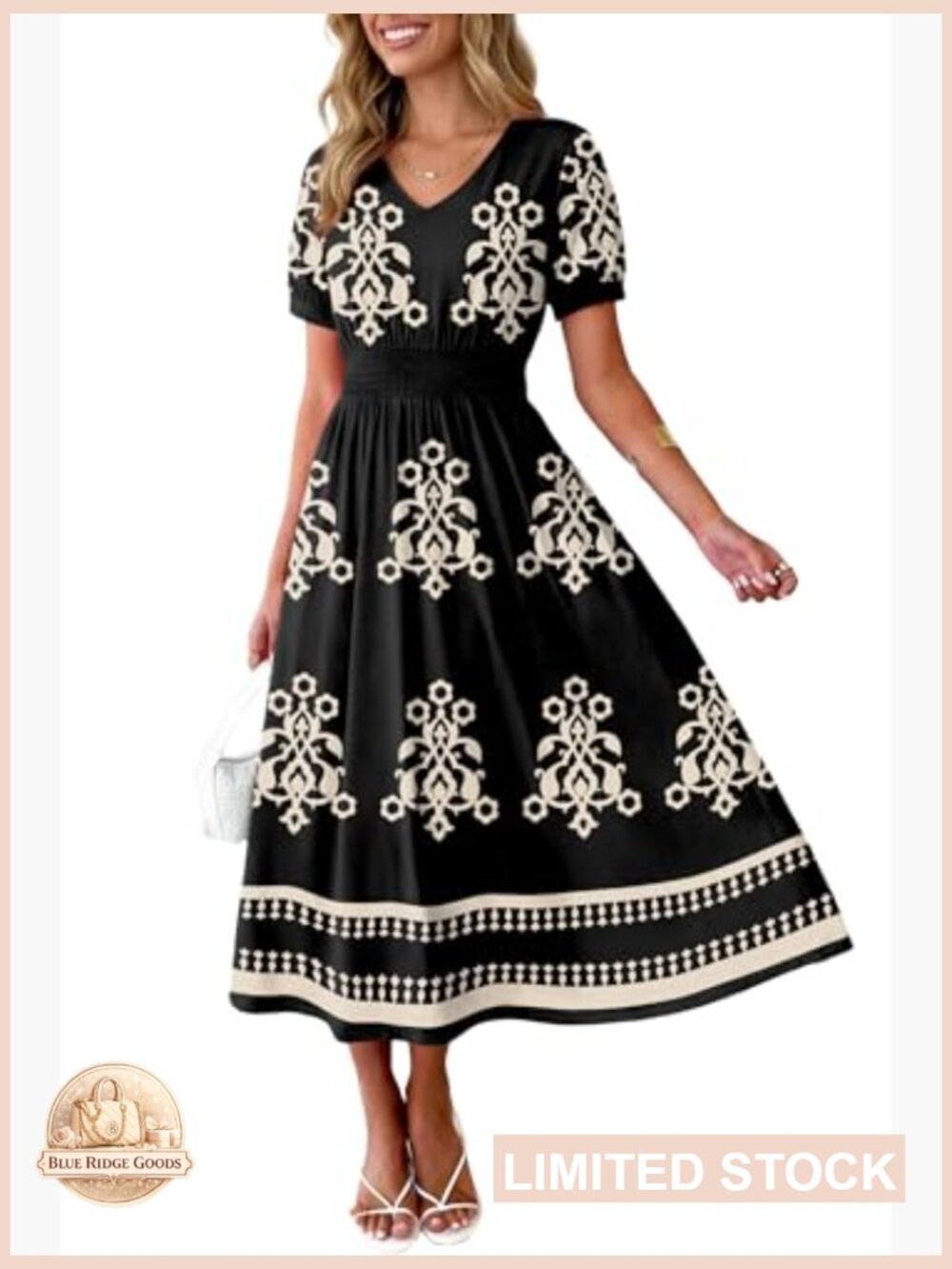 V Neck Maxi Dress Smocked Waist A Line Flowy Midi Boho Casual Summer - Picture 2 of 5